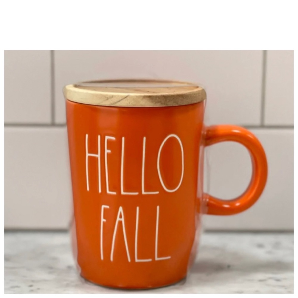 NEW Rae Dunn Hello Fall Orange Mug with Wood Coaster Top Lid 🍂